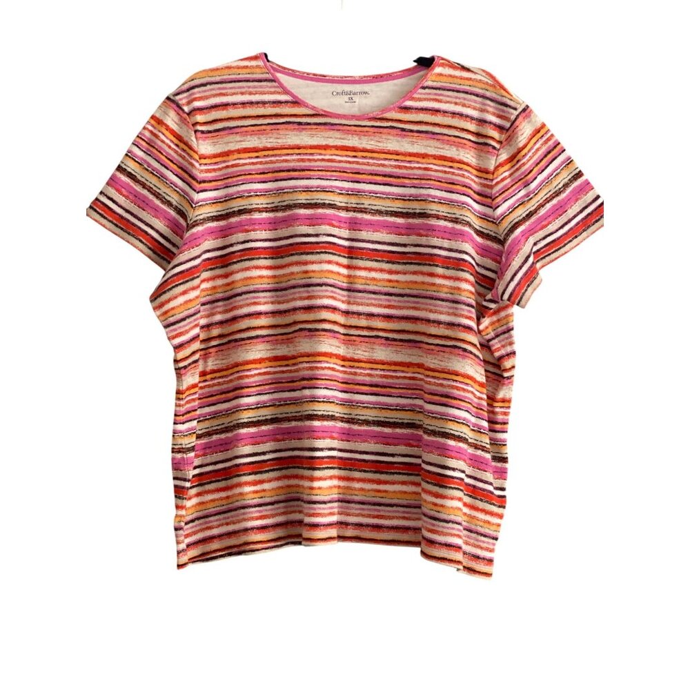 Croft & Barrow Top SS Pink Orange Horizontal Stripe Round Neck Line Women 3X
